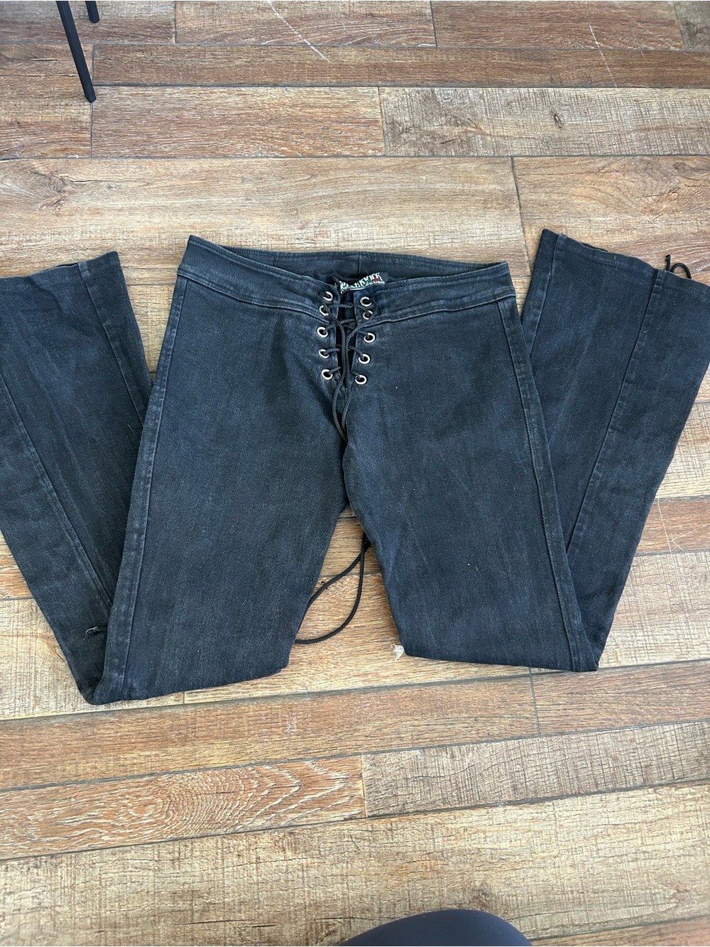 Y2K "Goth" Black Lace-Up Front Jeans with Embroidered Tag